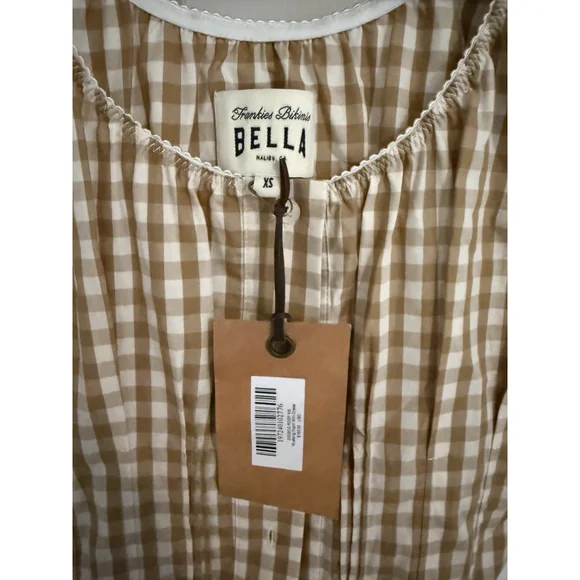 Frankies Bikinis Bella Mini Dress XS Brown Gingham NWT Puff Sleeve Malibu - Picture 3 of 3